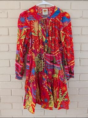 Farm Rio XS Magic Forest Bright Red Tropical Print Mini Dress